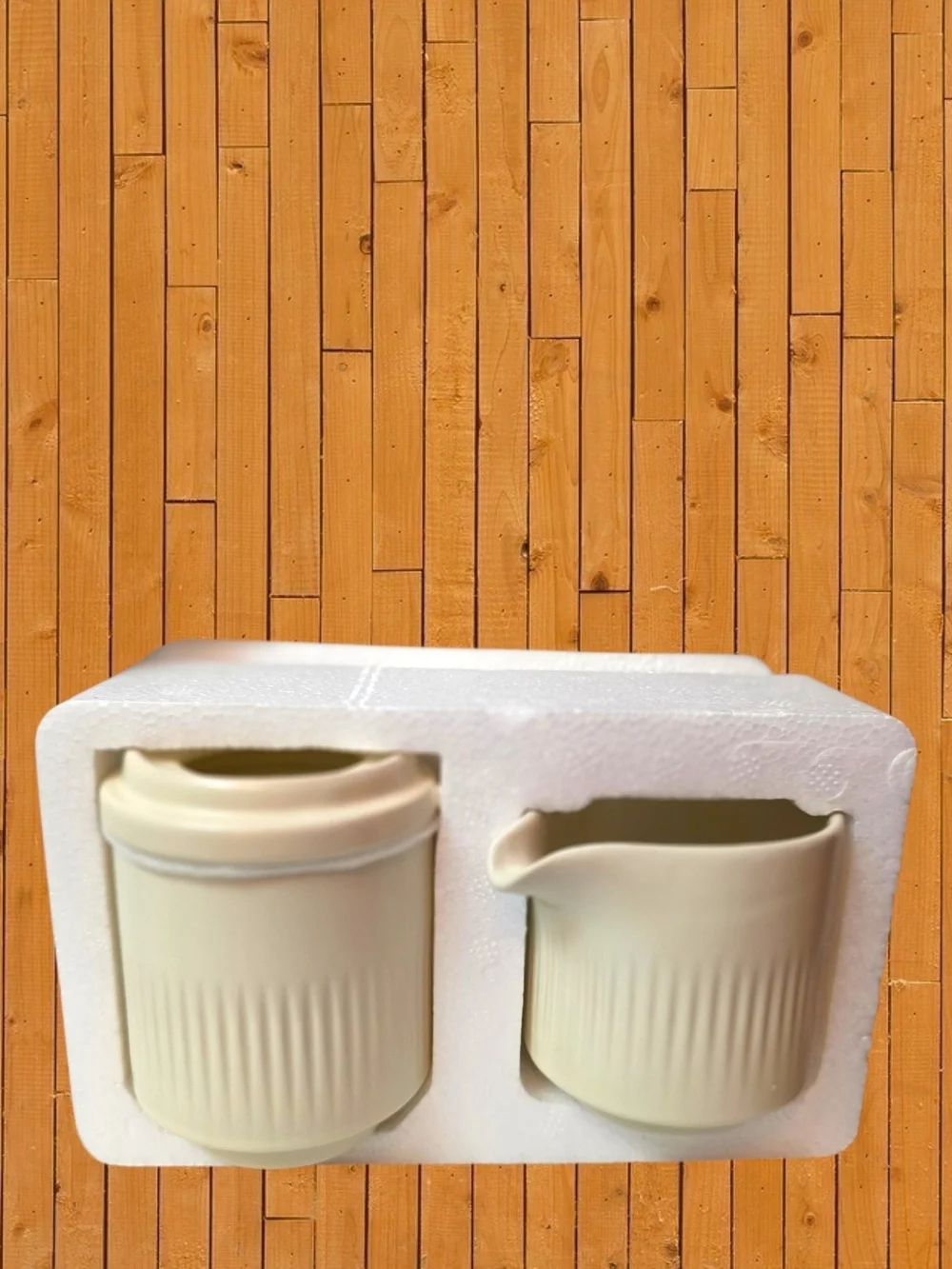 Citrine by Magenta Ribbed Ceramic Creamer & Sugar Jar Set NIB Neutral Kitchen
